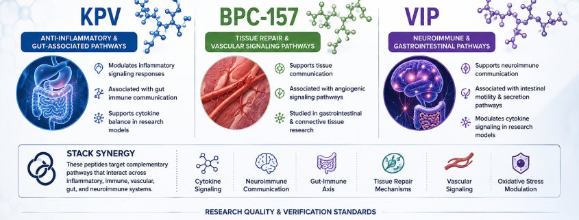 Inflammation pathway research stack infographic featuring KPV, BPC-157, and VIP peptide research pathways with diagrams illustrating inflammatory signaling, tissue communication, neuroimmune systems, cytokine signaling, and laboratory verification standards in a professional scientific layout.