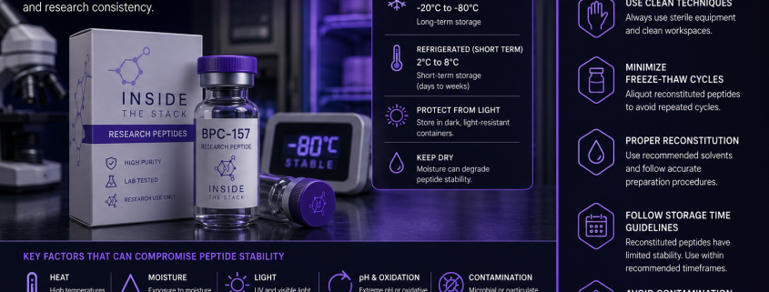 Research protocol basics infographic featuring peptide handling procedures, laboratory documentation practices, storage protocols, batch traceability, reconstitution guidance, and scientific workflow visuals within a modern biotechnology laboratory environment.