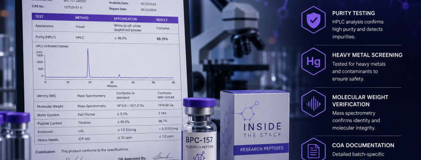 Professional Certificate of Analysis (COA) infographic featuring laboratory testing documentation, peptide research product packaging, molecular verification visuals, purity testing data, heavy metal screening information, and Inside The Stack branding within a modern biotech laboratory environment.