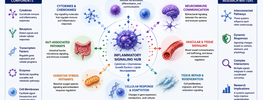 Inflammatory signaling pathways infographic featuring interconnected immune, neuroimmune, vascular, gut-associated, oxidative stress, and tissue signaling systems with cytokine communication diagrams and peptide research verification standards in a professional scientific layout.