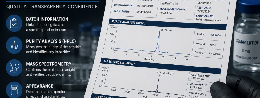 Educational peptide Certificate of Analysis infographic featuring HPLC purity analysis, mass spectrometry verification, batch information, laboratory testing data, and peptide research documentation within a professional scientific laboratory setting.